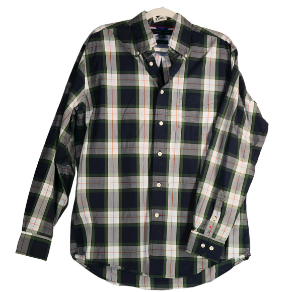 Tommy Hilfiger Shirt Men Medium Blue Green Plaid Button Down Long Sleeve Casual - Picture 1 of 9